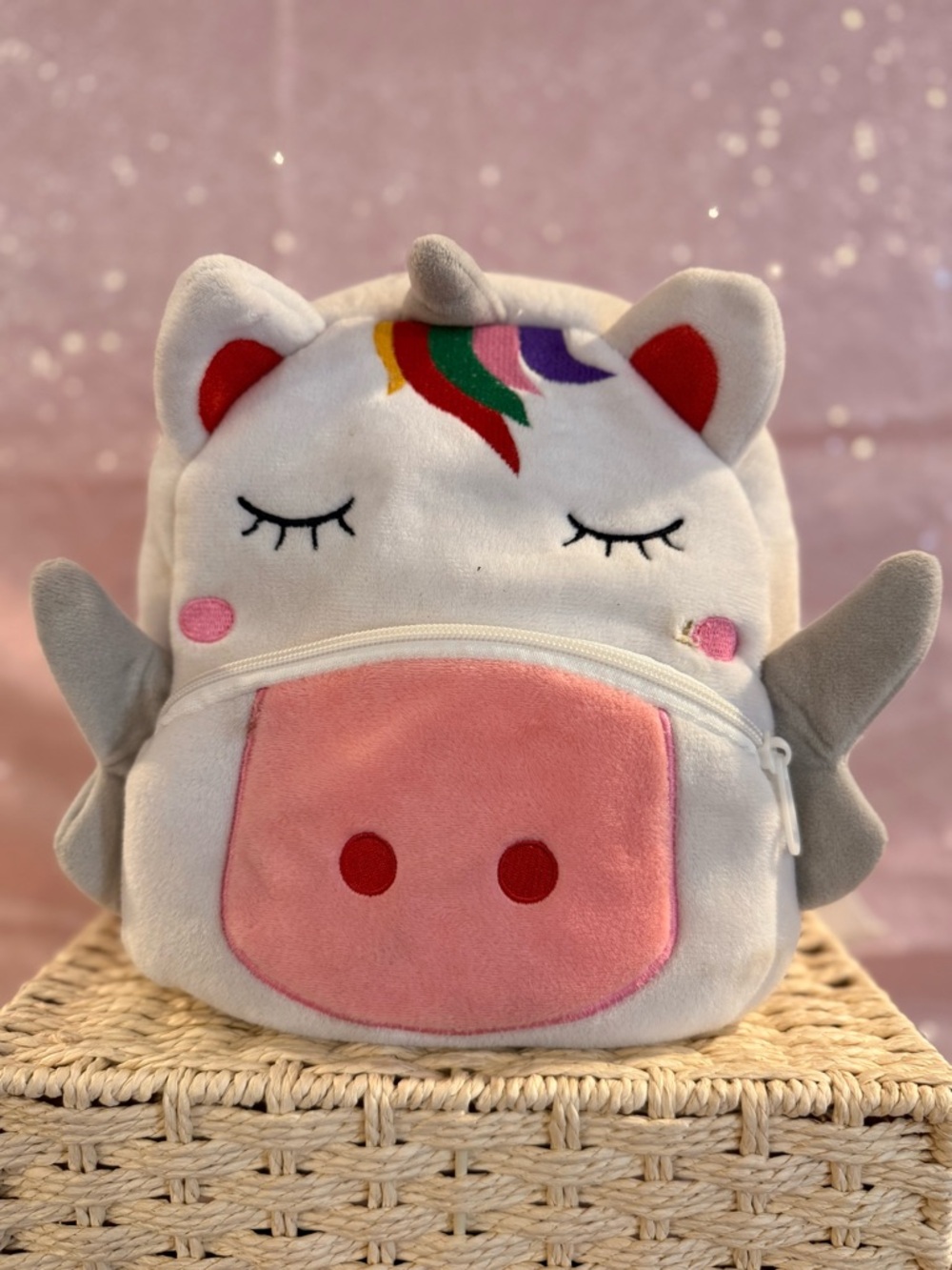 Plush Unicorn Cow Backpack - White & Pink